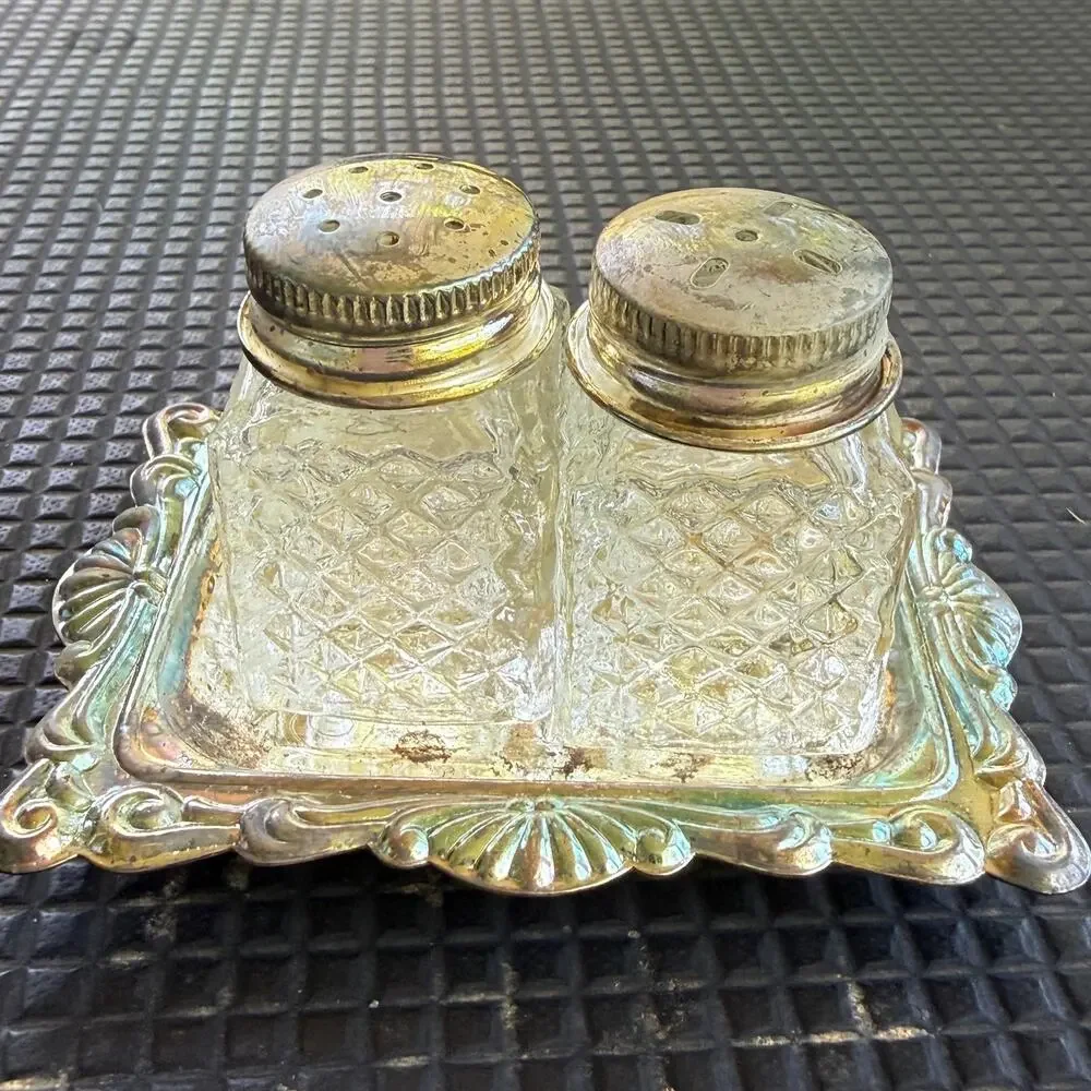 Vintage Silver Plated Salt Pepper Shakers Tray Hong Kong Pressed Glass Set